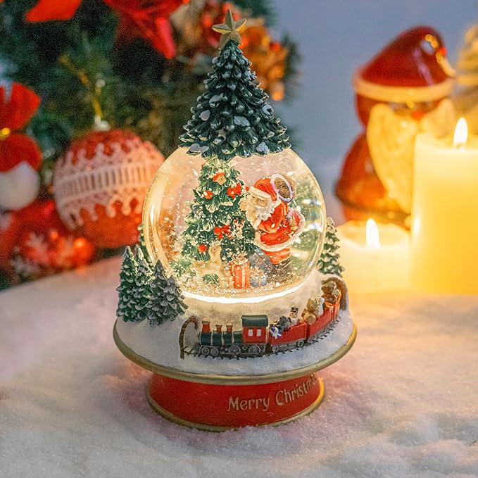 Taman Christmas Snow Globe, Santa with Gifts,Christmas Tree,Mini Train Carrying Bears Musical with Swirling Glitter Snowflakes Lighted Christmas Decorations Tabletop Home Décor