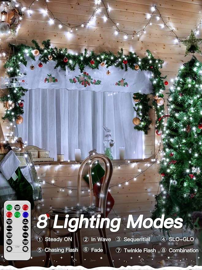Christmas Lights 66FT 200 LED, Christmas Tree Light with 8 Lighting Modes, Outdoor Waterproof String Lights with Remote and Timer, Fairy Light for Holiday Decor (Cool White)