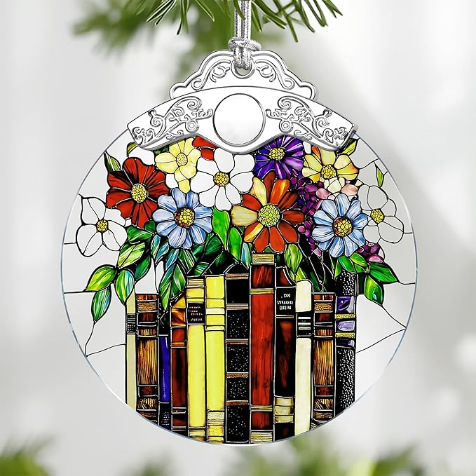 Flower Book Stained Glass Ornament, Christmas Ornaments – Christmas Tree Ornament, Holiday Decor, Xmas Stocking Stuffers, Gift Idea, Bookworm Gift, Book Reader Gifts