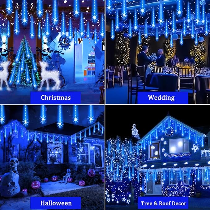 Outdoor Christmas Lights Meteor Shower Light UL Certified 8 Tubes 192 LED Snow Falling Rain Drop Light Dripping Icicle String Lights for Christmas Tree Decorations Xmas Wedding Party, Blue
