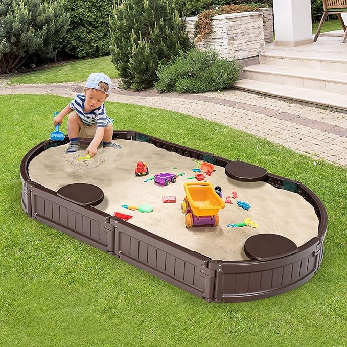 Costzon Kids Sandbox with Cover, HDPE Child Sand Pit w/Detachable Built-in Seating & Bottom Liner for Backyard Lawn Garden Beach, Outdoor Sand Box for Kids Age 3+ (Elliptical)