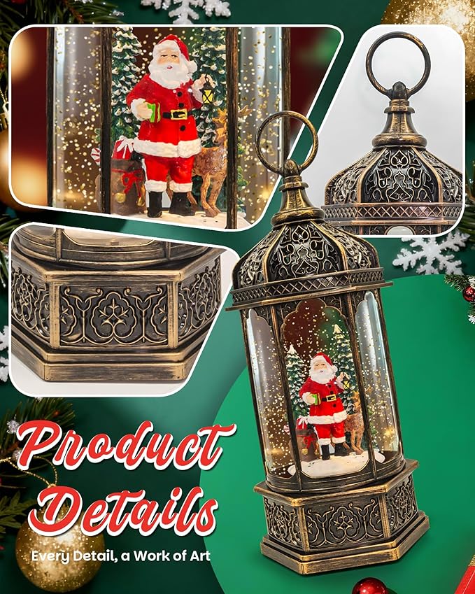 Christmas Satan ＆ Deer Snow Globe Light up Lantern with 8 Songs, 12.99" Christmas Snow Globes for Kids Adults, 6H Timer & Dual Power, Snowglobes Christmas Decorations Indoor, Gifts for Women Men