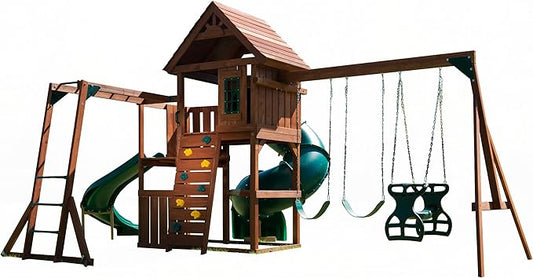 Swing-N-Slide Timbervale Wooden Swing Set with Woof Roof, Monkey Bars, Tube Slide, Curved Slide, Swings, and Climbing Wall, Green Slides