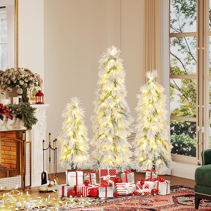 GOFLAME Set of 3 Pre-lit Christmas Tree, Snow Flocked Artificial Xmas Trees 3Ft, 4Ft and 5Ft with Warm White LED Lights, Pine Needles and Metal Base, Holiday Decoration Tree for Home Office Party