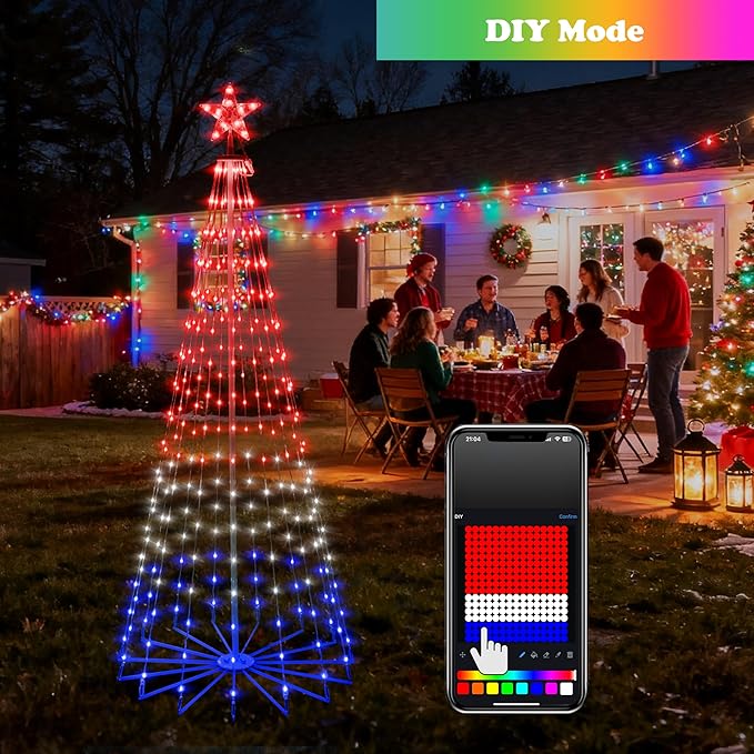 6FT Lighted Outdoor Christmas Tree, 265 LED Smart Cone Tree, Music Sync RGB Fairy Lights, LED Light Show, APP and Remote Control, Timer Function, Perfect for Outdoor Christmas Decorations