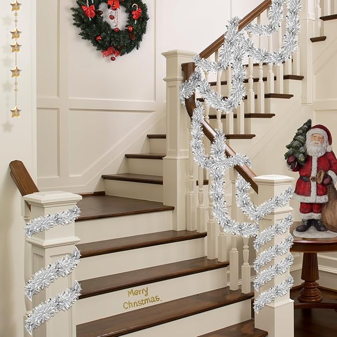 LEASEN 50 Feet Silver Metallic Twist Shiny Christmas Tinsel Garland Decorations for Xmas Tree, Stairs, Fireplace & More