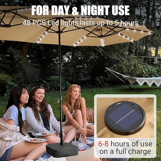 CHABATREE 15FT Rectangle Patio Umbrella with Base & Solar LED Lights - Double-Sided