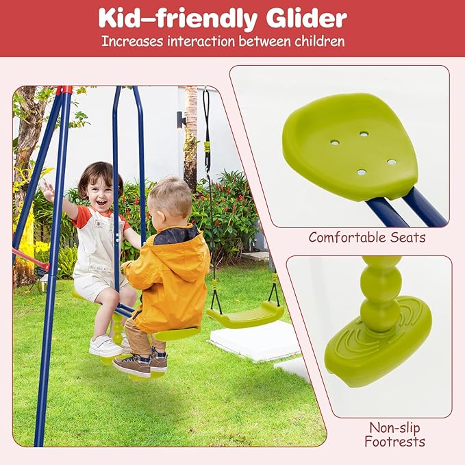 Costzon Swing Sets for Backyard, 6 in 1 Heavy-Duty Metal Swing Set with 2 Swings, Glider, Basketball Hoop, Climbing Ladder and Net, Playground Sets for Backyards, Outdoor Playset for Kids 3+ (Red)