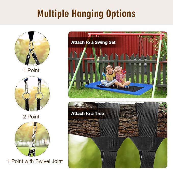Costzon 700lb Giant 60'' Platform Tree Swing for Kids and Adults, Wear- Resistant Indoor/Outdoor Rectangle Swing with Durable Steel Frame and 2 Hanging Straps for Porch, Backyard (Blue)