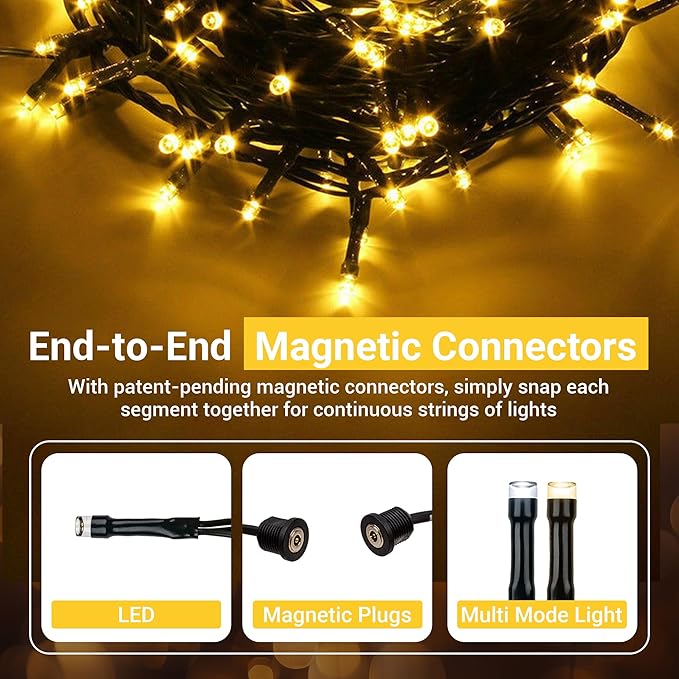 Magnetic String Lights - 60ft LED Christmas Lights with Quick Connect - Indoor Plug in - Warm & Bright White - Decorative Christmas Tree Lights