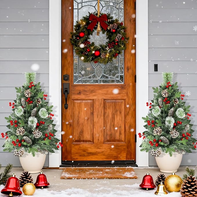 33" 2 Pack Outdoor Christmas Tree Urn Fillers 8 Modes Timer Battery Operated Christmas Decorations Outdoor Indoor Pinecones Berries Tripod Stakes Yard Porch Lawn