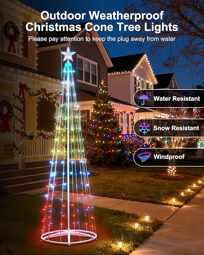 7.5Ft Smart LED Christmas Cone Tree Light, 178 LEDs Lighted Artificial Tree with Star Topper, Music Sync with Remote APP Control, DIY RGB Light Show Tree for Xmas Indoor Outdoor Decorations (RGB)