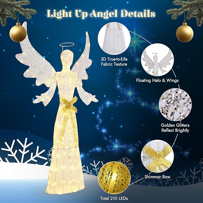 Yescom Holy 5.6ft Lighted Christmas Angel Outdoor Pre-lit 3D Crystal Angel Patio Garden Deck Party Decor Warm White