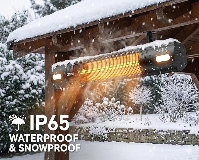 YESERLl Electric Patio Heater with LED Light- 1500w Outdoor Fast Heating with 3 Power Setting,Wall Mounted Carbon Infrared Heater Quiet - IP65 Waterproof and 24H Timer for Snow Outdoor