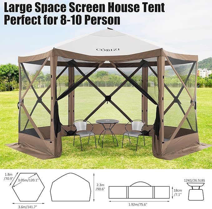 COBIZI 12x12ft Pop up Canopy Tent Gazebo on Clearance Screen Tent, Outdoor Screened Gazebo with Sidewalls, Portable Screen House for Camping with Carrying Bag and Ground Stakes, Brown(Upgraded 2.0)