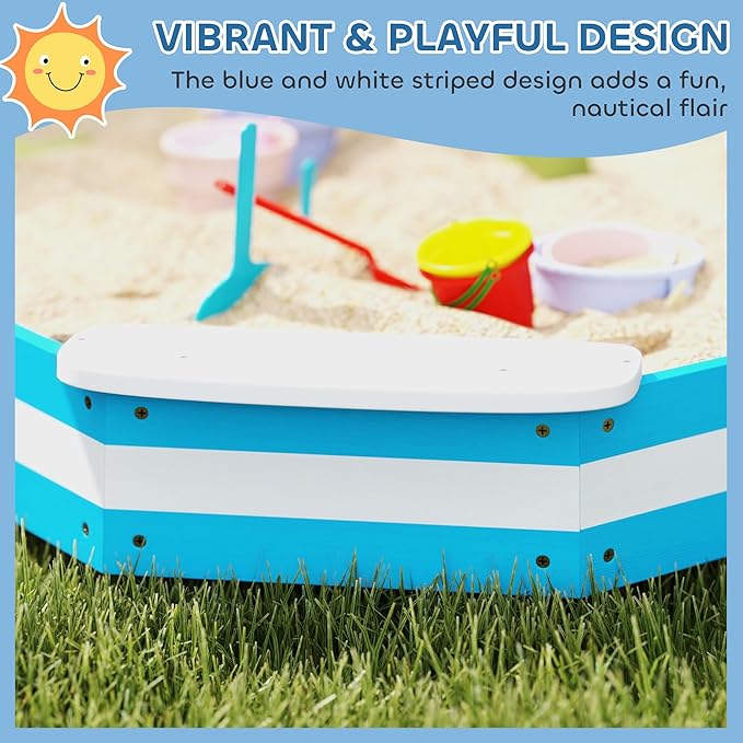 Qaba Kids Sandbox, Outdoor Wooden Sand Pit with 4 Corner Seats, Bottom Liner for Backyard, Garden, 52 x 52 x 6, Blue