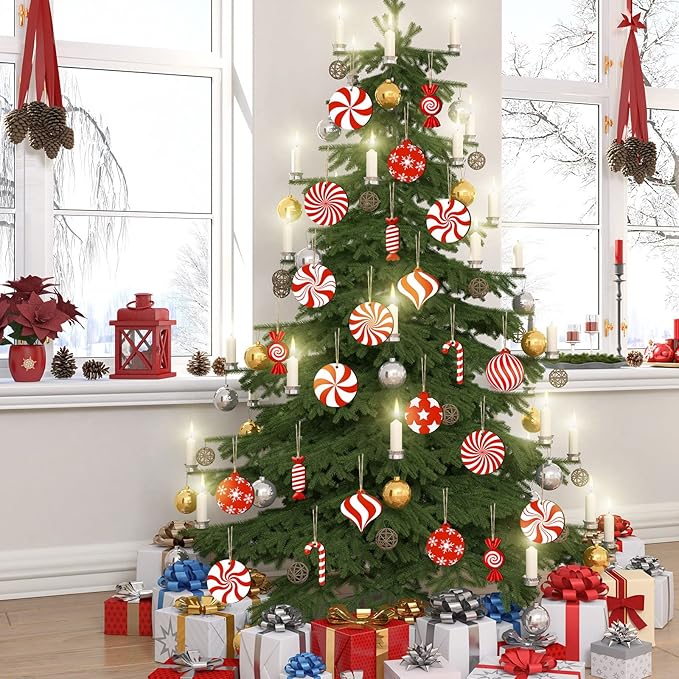 36 Pieces Candy Cane Christmas Ornaments Wood Hanging Decor Xmas Tree Cutouts Peppermint for Home Party Decoration Supplies (Candy Style)