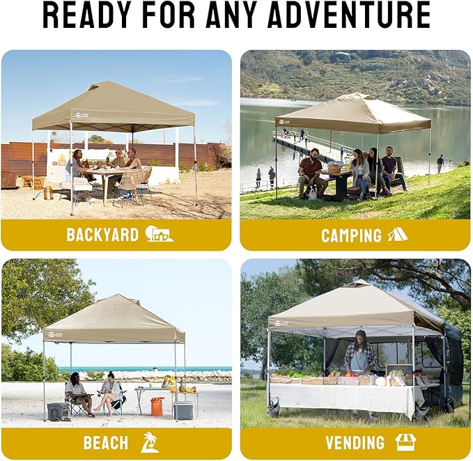 CROWN SHADES 10x10 Pop Up Canopy, Patented Center Lock One Push Tent Canopy, Newly Designed Storage Bag, 8 Stakes, 4 Ropes, Beige