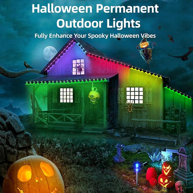 Permanent Outdoor Lights Pro, 100ft with 72 RGB LED Lights for Daily and Accent Lighting, IP65 Waterproof Smart Eaves String Lights with App & Remote,Rainbow Light for Halloween,Christmas-100FT