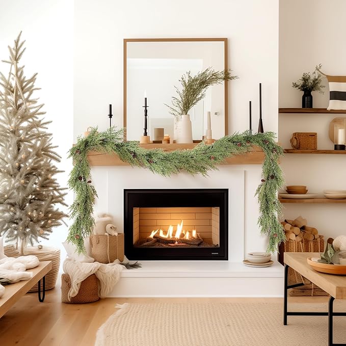 WBHome Real Touch Cypress Cedar & Pine Cone Evergreen Garland for Christmas Holiday Seasonal Outdoor/Indoor Home Decor, 9FT Long