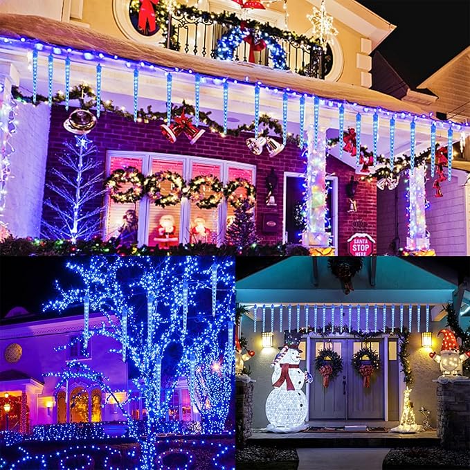WATERGLIDE 16 Icicles Meteor Shower Lights, 12" Outdoor Icicle Christmas Lights 384 SMD LED Crystal Ice Falling Light, Connectable Raindrop Iciclelight, Xmas Winter Party Tree Holiday Decor, Blue