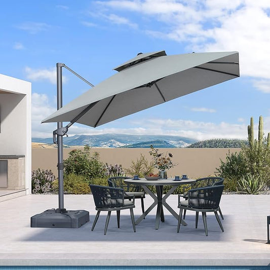 PURPLE LEAF 10 FT Cantilever Umbrella Outdoor Patio Umbrella, Large Offset Square Umbrella, Windproof Heavy Duty Hanging Outside Umbrellas for Patio, Pebble Grey