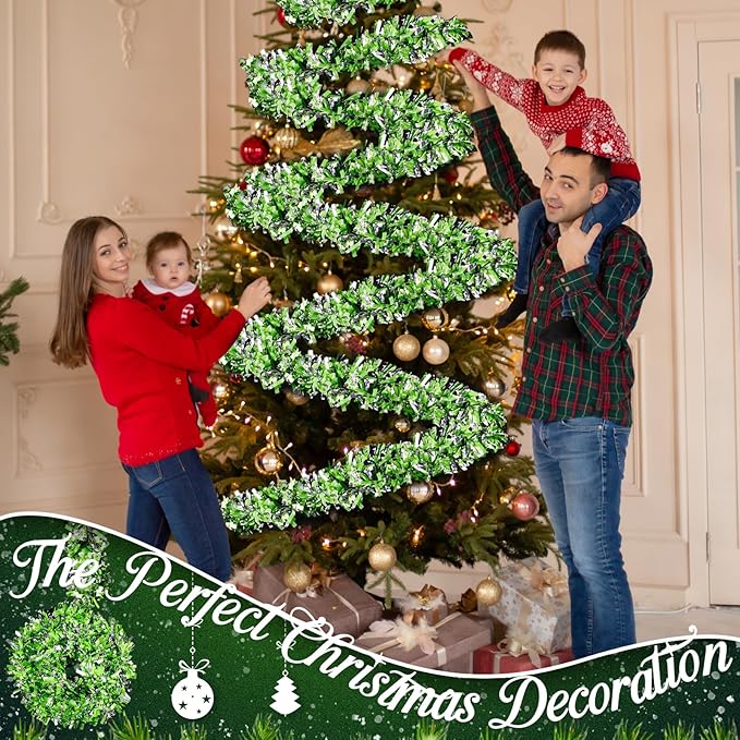 177 Feet Christmas Tinsel Garland Metallic Shiny Hanging Christmas Tree Tinsel Garland Ornaments for Indoor Outdoor Party Wedding Holiday (Lime Green White Silver)