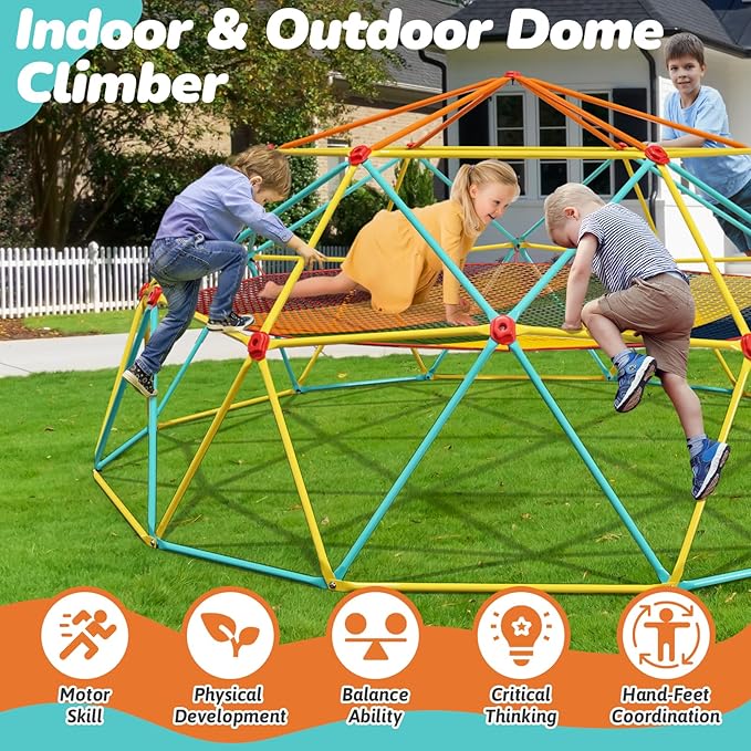 10FT Climbing Dome with Climbing Cargo Net, Outdoor Jungle Gym for Kids- Supports 1000LBS-Anti-Rust Metal Outdoor Play Structure ASTM Approved, Easy Assembly