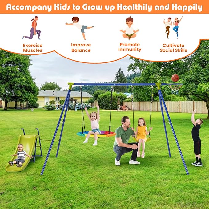 Costzon Swing Sets for Backyard, 4-in-1 Heavy Duty Large Metal Swing Frame w/2 Adjustable Swings, Slide, Basketball Hoop, Play Equipment for Indoor Outdoor, Gift for Kids