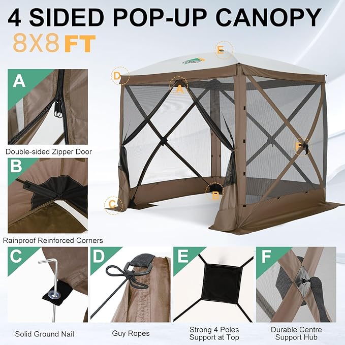 COBIZI 6x6 Pop up Gazebo Tent, Ez up Waterproof Screen Tent Screen House, Portable Outdoor Canopy Sun Shelter with Carry Bag & Ground Stakes for Camping, Garden and Picnics, Brown(Upgraded 2.0)