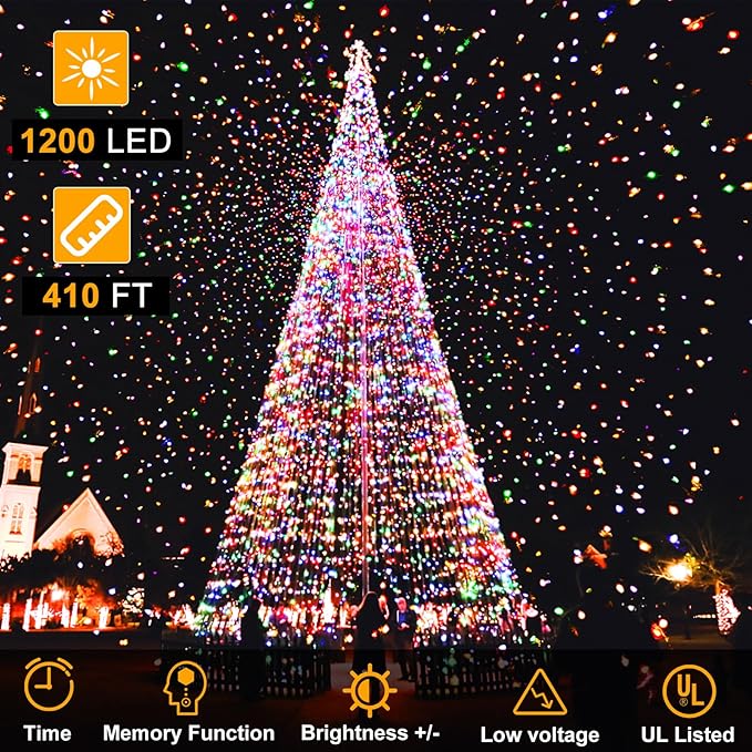 410Ft 1200LED Christmas Lights Outdoor Decorations 12 Modes & Memory Timer Christmas Lights with Remote Plug in Waterproof Fairy String Lights for Xmas Wedding Party Holiday Decor（Multicolor）