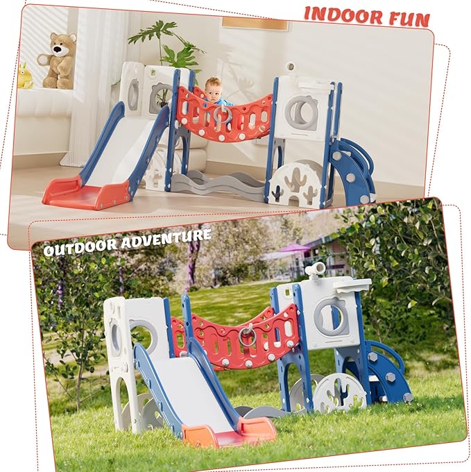 67i 9 in 1 Toddler Playground Slide Set - Monkey Bar (Climbing Arch) for Coordination, Easy Assembly, Indoor Outdoor Playset Birthday Gift with Golf/Basketball/Drawing (Red, Without Swing)