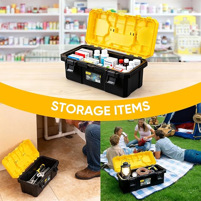 16 Inch Tool Box with Lock, 2-Layer Heavy-Duty Organizer with Removable Tray, Liftable Lid for Small Parts, 25lb Capacity & Carry Handle for Tools, Camping, Medical Supply Storage