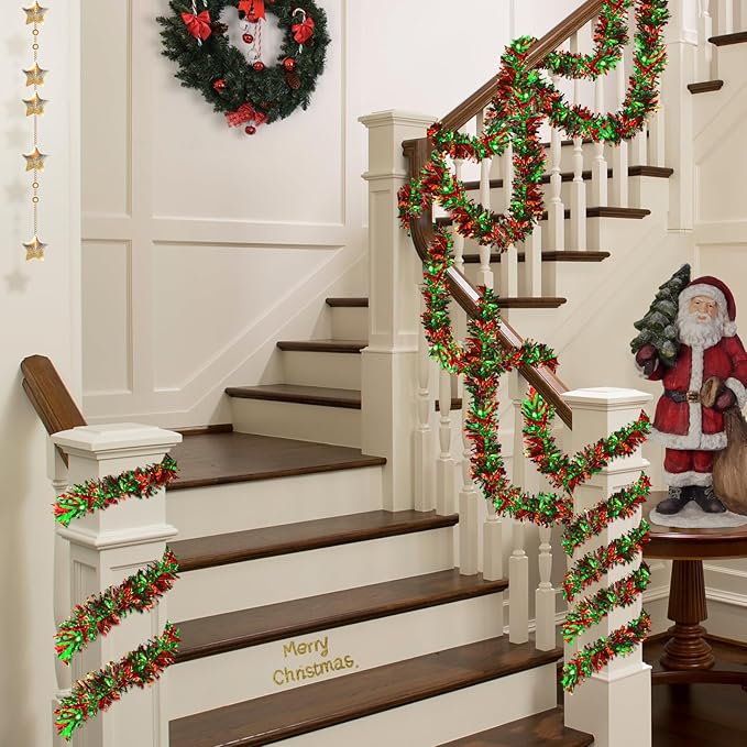 50ft Metallic Tinsel Garland - Christmas Tree Hanging Decorations for Indoor/Outdoor Use (Red, Green, Black)