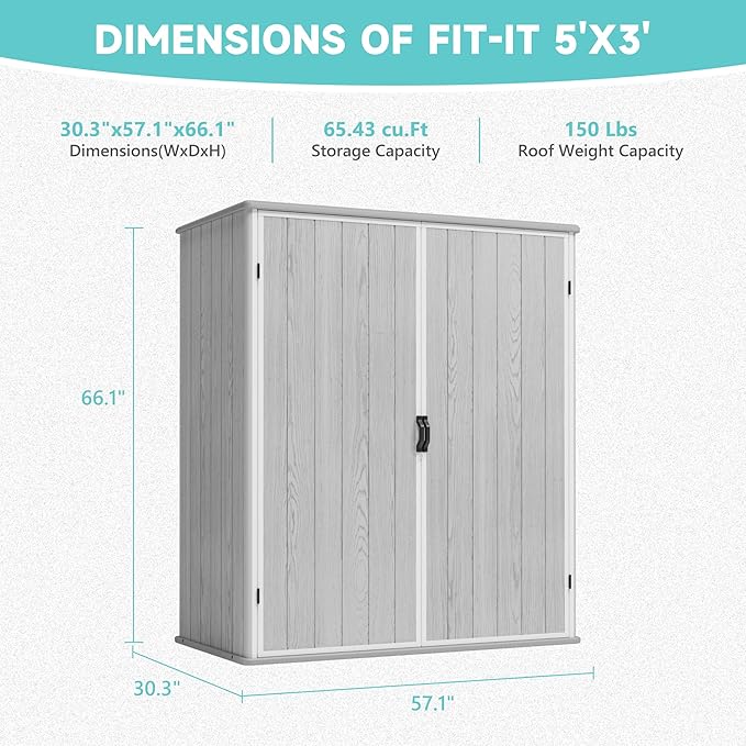 Greesum 5×3FT Plastic Outdoor Storage Shed with Floor, Resin Sheds with Lockable Door, Window and Vent, All-Weather Tool Storaged Sheds for Garden, Backyard, Patio, Light Gray (4.7×2.5FT)