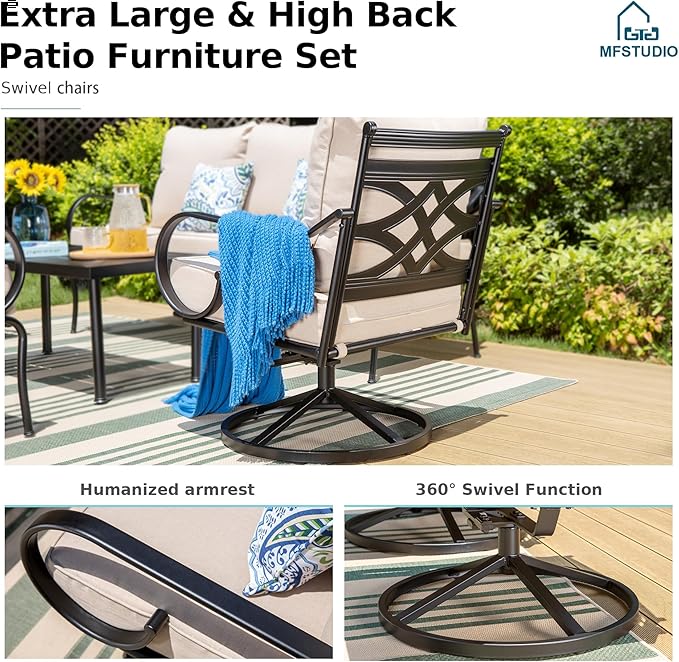 MFSTUDIO 5 Seats Large Metal Patio Conversation Sets, 4 Pieces Outdoor Sectional Furniture Sofa with 2 x Swivel Chairs, 1 x 3-seat Sofa and 1 x 45 inches Rectangular Propane Fire Pit Table