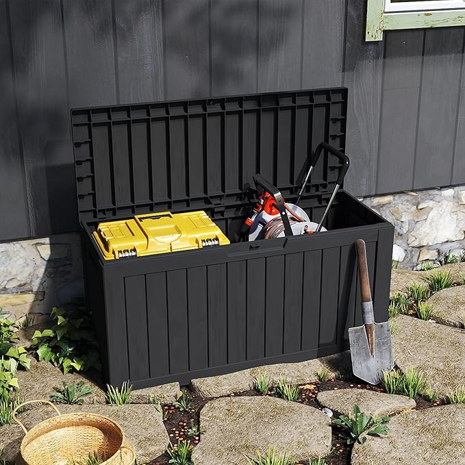 Mersco 72 Gallon Double-Wall Resin Deck Box - Lockable Waterproof Outdoor Storage Box, 515lbs Capacity & Doubles as Seating for Patio Furniture - Garden Tools, Pool Accessories (Black)