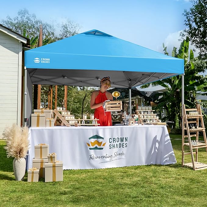 CROWN SHADES 10x10 Pop Up Canopy with 1 Side Wall - Beach Tent with One Push Setup - Outdoor Sun Shade for Events, Parties, Camping - Gazebo with STO-N-Go Cover Bag (Sky Blue)