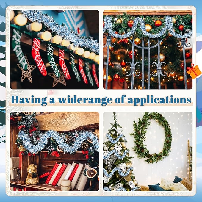 177 Feet Christmas Tinsel Garland Metallic Shiny Hanging Christmas Tree Tinsel Garland Ornaments for Indoor Outdoor Party Wedding Holiday(Blue White Silver)