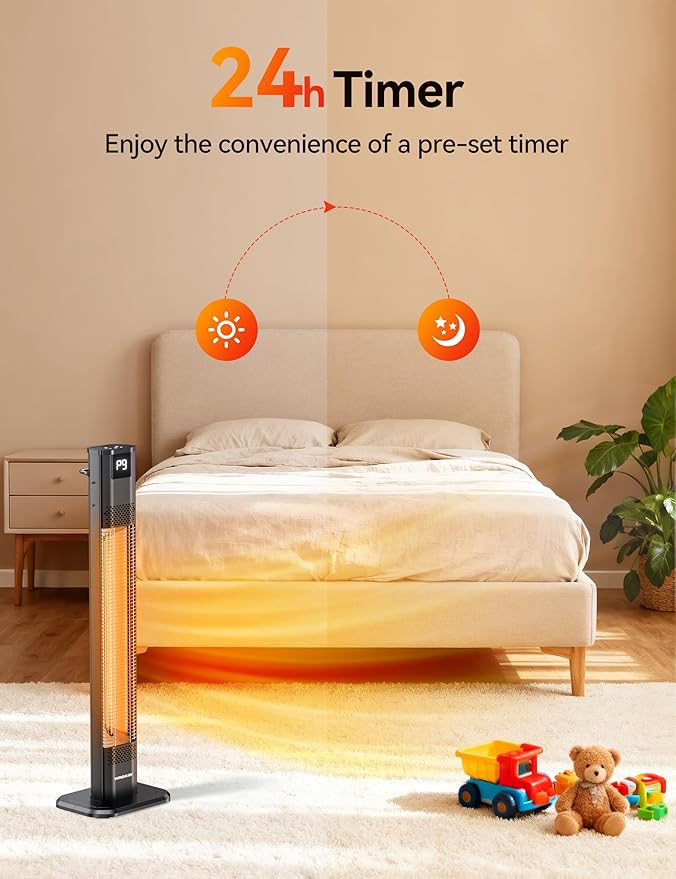 VAGKRI Outdoor Heaters, 1s Heating Carbon Infrared Patio Heaters With Remote, 9 Heat Levels, 24H Timer, IPX5 Waterproof, 42in Electric Space Heaters for Home, Office, Restaurant, Patio, and Garage