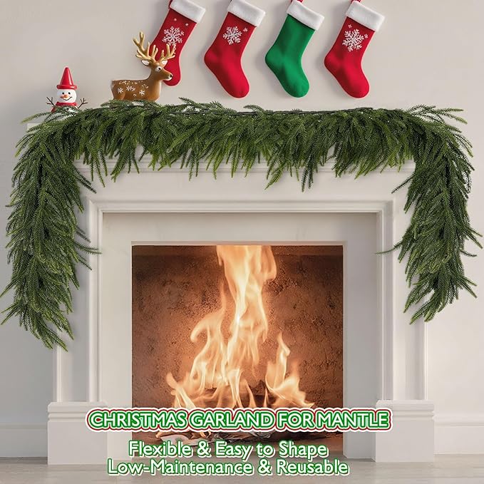 6 FT Christmas Norfolk Pine Garlands, Artificial Real Touch Winter Pine Garland, Green Realistic Greenery Garland for Table, Mantle, Wall, Indoor, Outdoor Christmas Decorations (1 Pcs)
