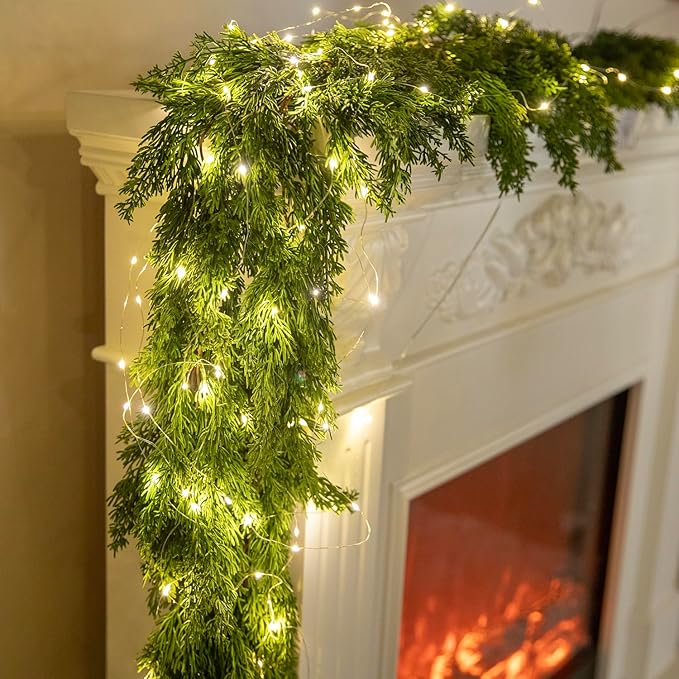 6FT PARTY JOY Seasonal Artificial Christmas Garland with LED String Lights Pine Needle Cypress Garland for Holiday Winter Indoor Outdoor Decor