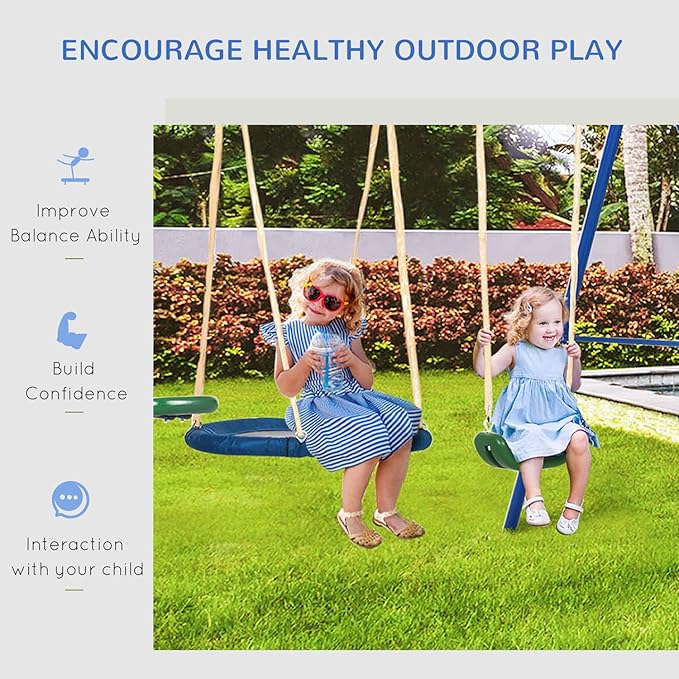 Outsunny Swing Set for Backyard, 5 in 1 Heavy-Duty A-Frame Stand Outdoor Playset for Kids with 29.5 Saucer Swing, Slide, Seesaw, Glider, Swing Seat, Blue