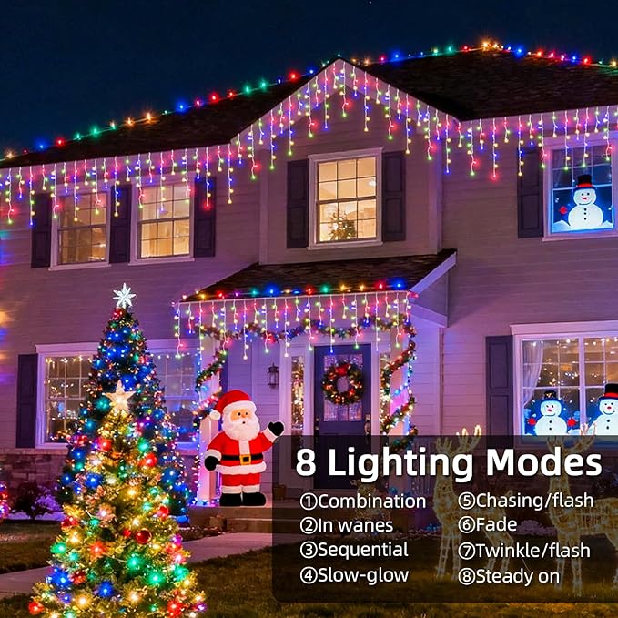 Christmas Outdoor Icicle Lights - 480 LED 66+33 FT 8 Modes Curtain Fairy String Light Plug in, Waterproof for Eaves Yard Holiday Xmas Holiday Indoor Outdoor Decoration - Multicolor
