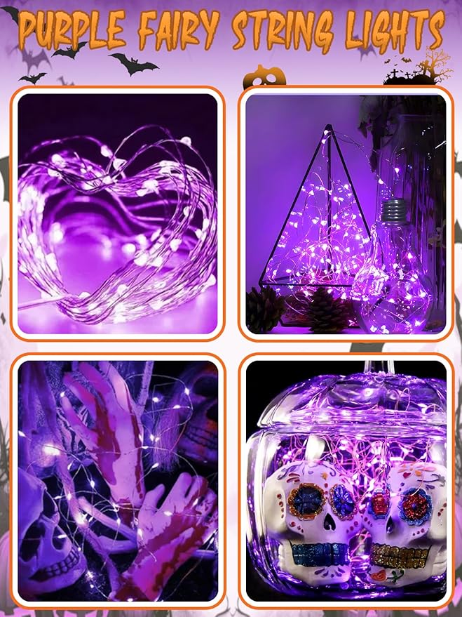 4 Pack 100 LED Halloween Fairy Lights Battery Operated with Remote, 33FT Waterproof Twinkle Lights with Timer & 8 Modes, Fairy String Light Outdoor Indoor for Bedroom Classroom DIY Decor (Purple)