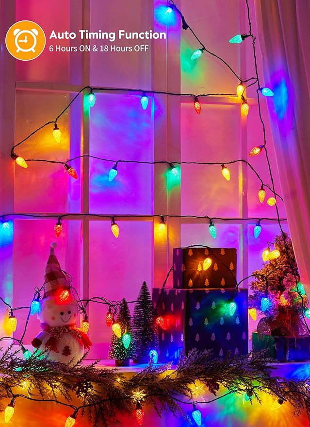 Minetom C9 Christmas Lights Outdoor, 81 Feet 100 LED String Lights with Timer & 8 Light Mode, Waterproof Commercial Grade Christmas Tree Lights for Outside Indoor Roofline Patio, Multicolor 2 Pack