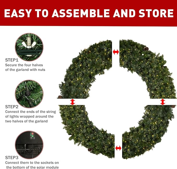 Solar Extra Large Christmas Wreath 96 Inch Pre-Lit Solar 1000 Led Warm White Lights Holiday Artificial Decor Lighted Wreath Outdoor for Green Christmas Decorations 96Inch(9601)