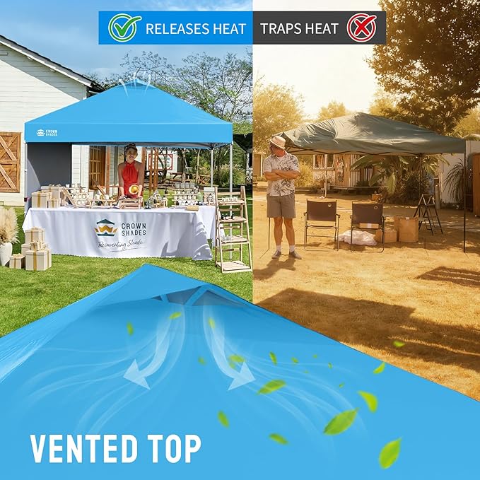 CROWN SHADES 10x10 Pop Up Canopy with 1 Side Wall - Beach Tent with One Push Setup - Outdoor Sun Shade for Events, Parties, Camping - Gazebo with STO-N-Go Cover Bag (Sky Blue)