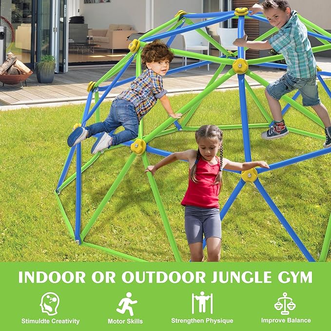 GVDV 10FT Climbing Dome with Hammock, Outdoor Jungle Gym for Kids, Geometric Dome Climber Supporting 880 Lbs Anti-Rust Metal Outdoor Play Structure ASTM Approved Blue & Green