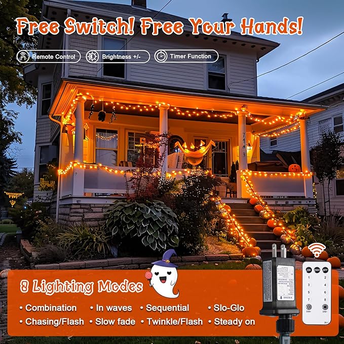 JMEXSUSS 400 LED Orange Lights for Halloween, 132ft Halloween String Lights Plug in with Remote, 8 Modes Orange String Light for Tree Garden Yard Porch House Decorations